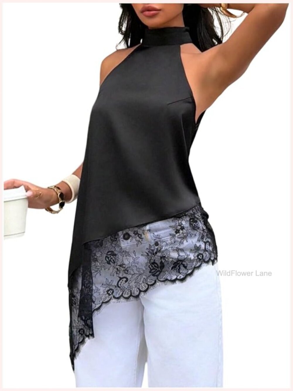 Women's Lace Asymmetrical Hem Halter Top Sleeveless Flowy Elegant Blouse